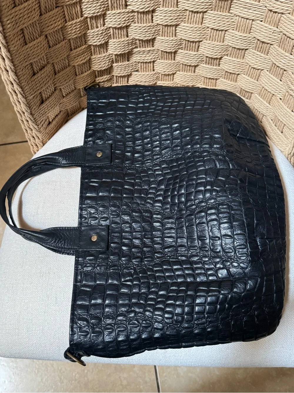 Clare V Black Croc-Embossed Leather Weekender Bag Tote with Shoulder Strap